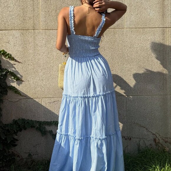 Blue And White Casual Women's Plaid Ruffle Trim Waist Strap Dress - Picture 4 of 7